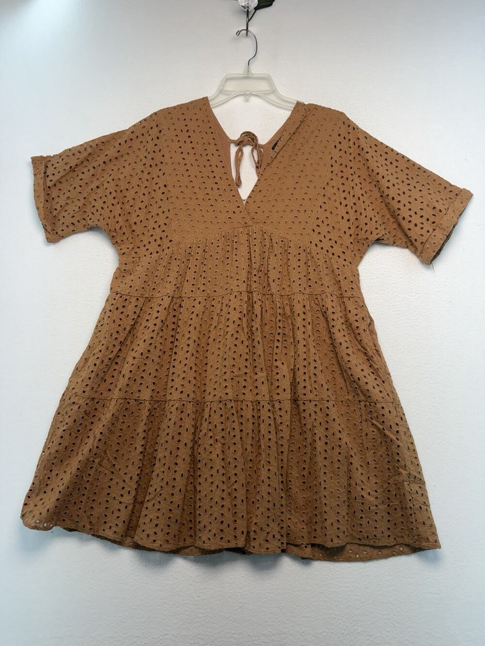 Wishlist Apparel Women's Brown V-Neck Eyelet Tie Back Babydoll Dress Beach Boho